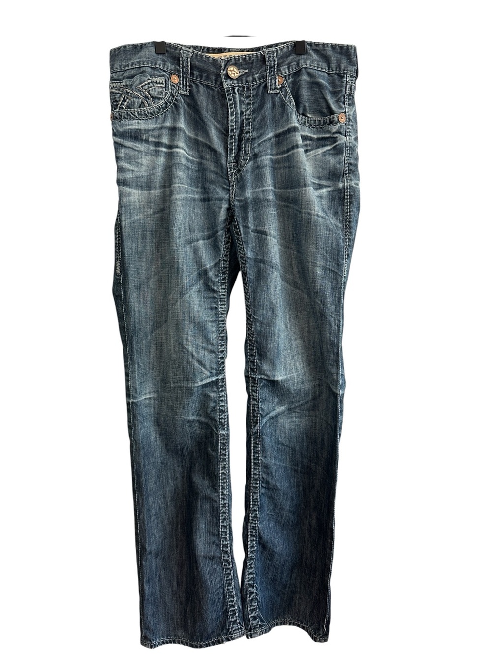 Big Star Men Jeans 33 x 32 Blue Union Straight Leg Western Distressed Denim